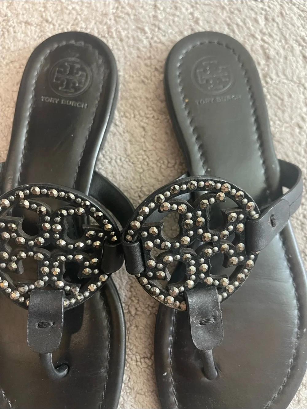 Tory Burch Black Leather Logo Studded Thong Sandals